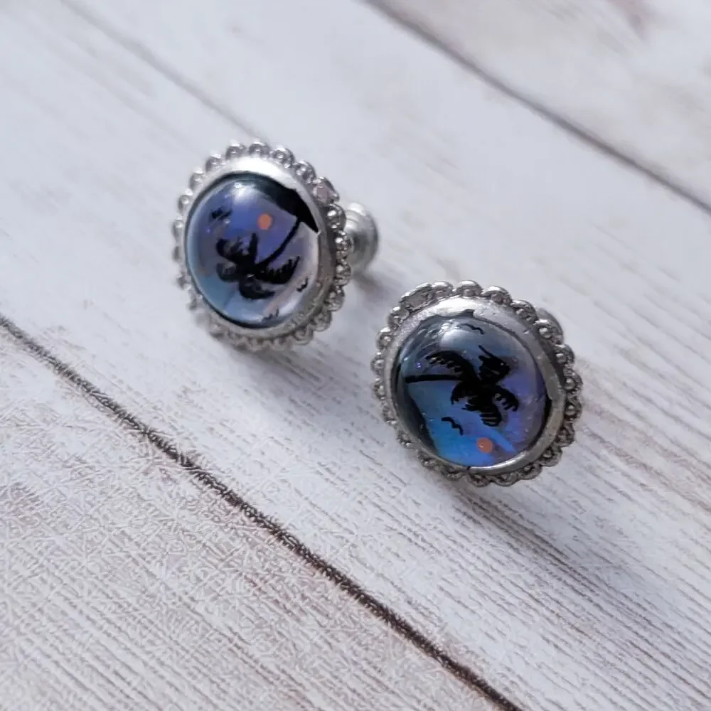 Vintage Screw Back Earrings Palm Tree - Repair Needed - One Upside Down